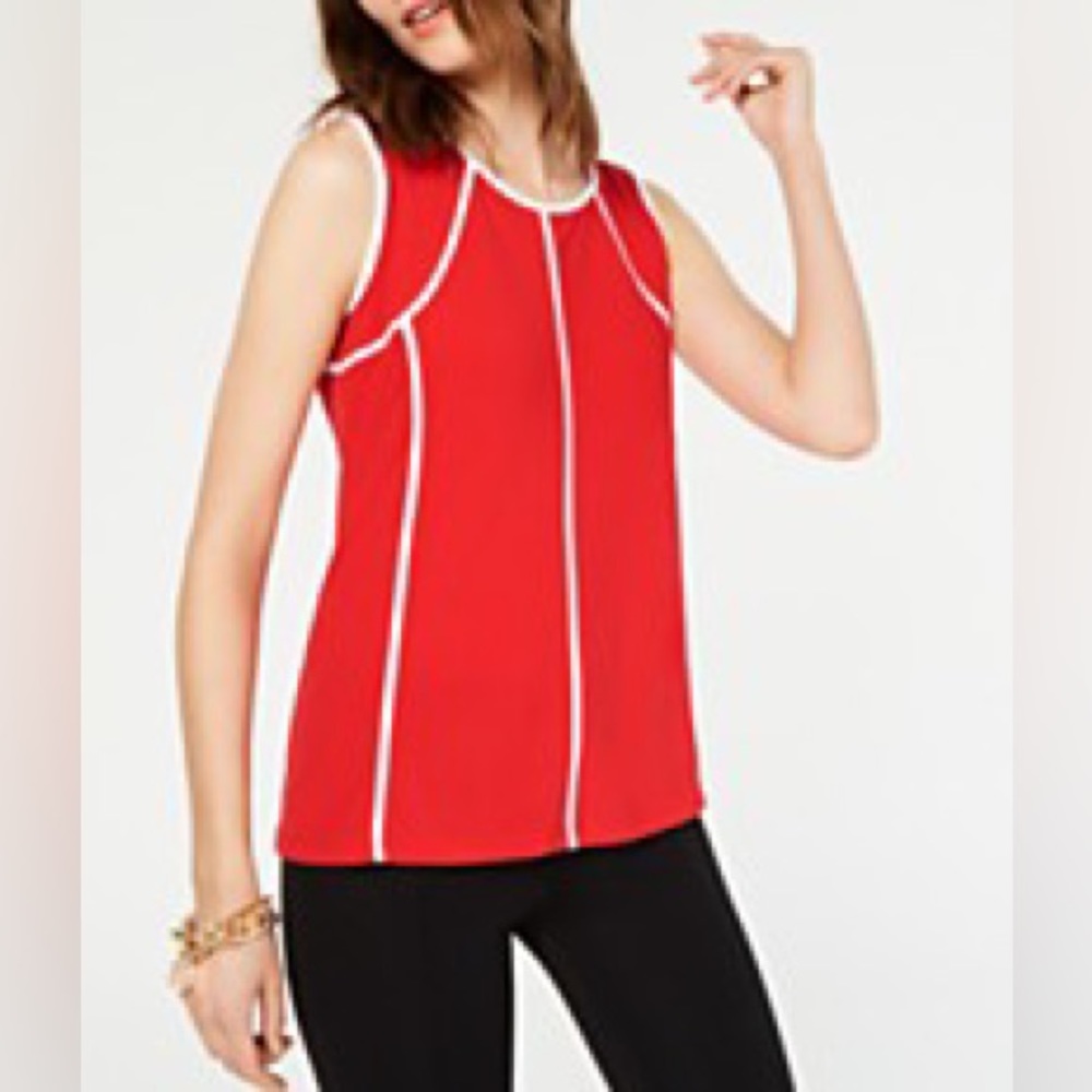 Alfani Red Sleeveless Top With White Piping Trim Detail NWT